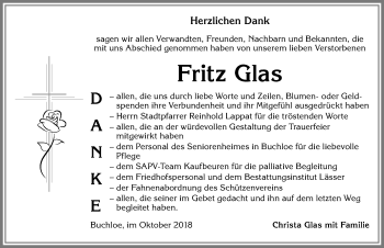 Traueranzeige von Fritz Glas von Allgäuer Zeitung, Kaufbeuren/Buchloe