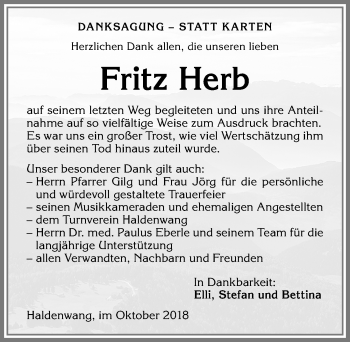 Traueranzeige von Fritz Herb von Allgäuer Zeitung,Kempten