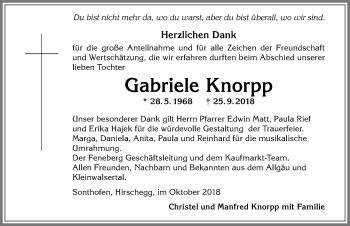 Traueranzeige von Gabriele Knorpp von Allgäuer Anzeigeblatt