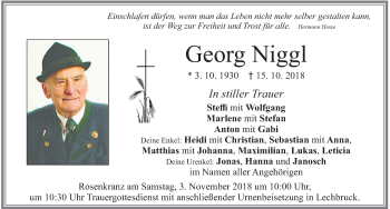 Traueranzeige von Georg Niggl von Allgäuer Zeitung, Füssen