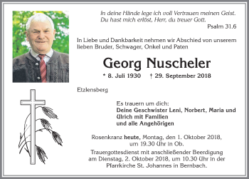 Traueranzeige von Georg Nuscheler von Allgäuer Zeitung, Marktoberdorf
