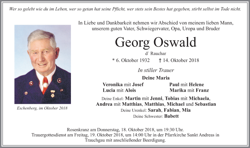  Traueranzeige für Georg Oswald vom 17.10.2018 aus Allgäuer Zeitung, Füssen