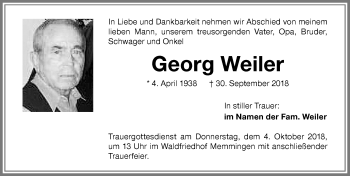 Traueranzeige von Georg Weiler von Memminger Zeitung