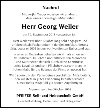 Traueranzeige von Georg Weiler von Memminger Zeitung