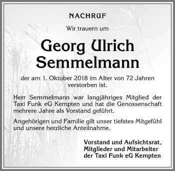 Traueranzeige von Georg Ulrich Semmelmann von Allgäuer Zeitung,Kempten