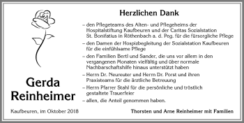 Traueranzeige von Gerda Reinheimer von Allgäuer Zeitung, Kaufbeuren/Buchloe
