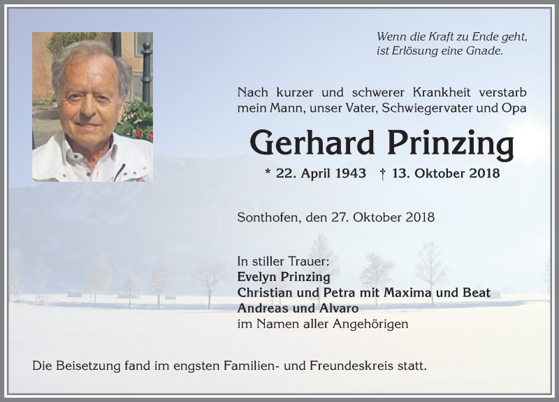  Traueranzeige für Gerhard Prinzing vom 27.10.2018 aus Allgäuer Zeitung