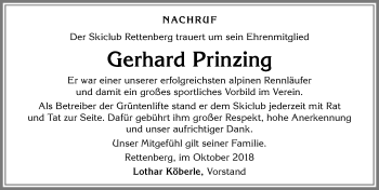 Traueranzeige von Gerhard Prinzing von Allgäuer Anzeigeblatt