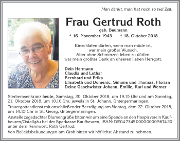 Traueranzeige von Gertrud Roth von Allgäuer Zeitung, Kaufbeuren/Buchloe