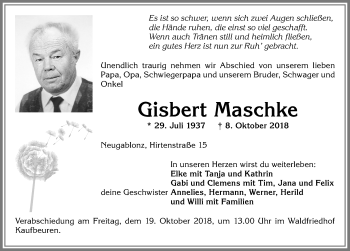 Traueranzeige von Gisbert Maschke von Allgäuer Zeitung, Kaufbeuren/Buchloe