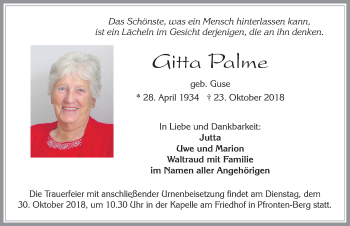 Traueranzeige von Gitta Palme von Allgäuer Zeitung, Füssen