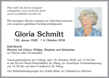Traueranzeige von Gloria Schmitt von Allgäuer Zeitung,Kempten