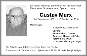 Traueranzeige von Gustav Marx von Memminger Zeitung