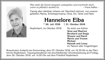 Traueranzeige von Hannelore Eiba von Allgäuer Zeitung, Marktoberdorf
