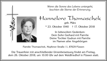 Traueranzeige von Hannelore Thomaschek von Allgäuer Zeitung, Füssen