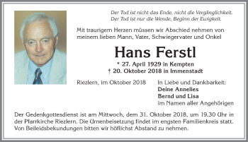 Traueranzeige von Hans Ferstl von Allgäuer Anzeigeblatt