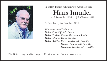 Traueranzeige von Hans Immler von Der Westallgäuer