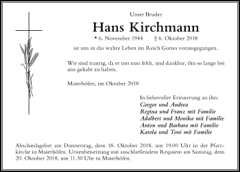 Traueranzeige von Hans Kirchmann von Der Westallgäuer