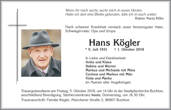 Traueranzeige von Hans Kögler von Allgäuer Zeitung, Kaufbeuren/Buchloe