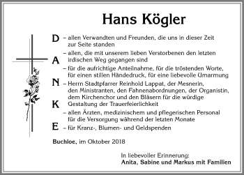 Traueranzeige von Hans Kögler von Allgäuer Zeitung, Kaufbeuren/Buchloe