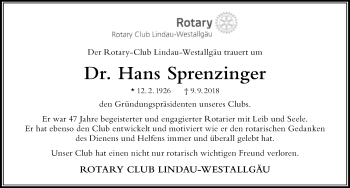Traueranzeige von Hans Sprenzinger von Der Westallgäuer