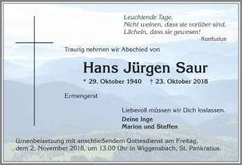 Traueranzeige von Hans Jürgen Saur von Allgäuer Zeitung,Kempten