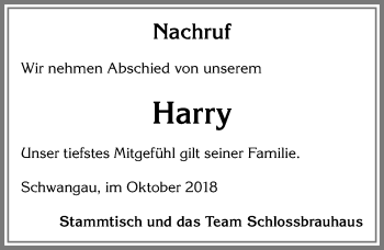 Traueranzeige von Harry  von Allgäuer Zeitung, Füssen