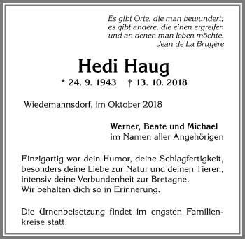 Traueranzeige von Hedi Haug von Allgäuer Anzeigeblatt