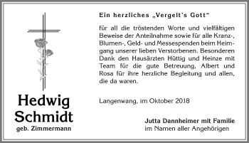 Traueranzeige von Hedwig Schmidt von Allgäuer Anzeigeblatt
