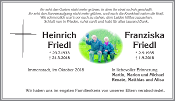 Traueranzeige von Heinrich Friedl von Allgäuer Anzeigeblatt
