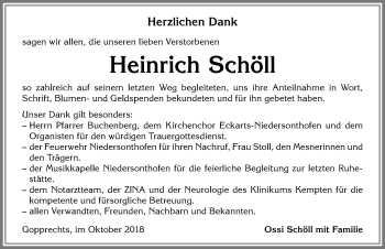 Traueranzeige von Heinrich Schöll von Allgäuer Anzeigeblatt
