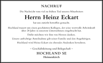 Traueranzeige von Heinz Eckart von Der Westallgäuer