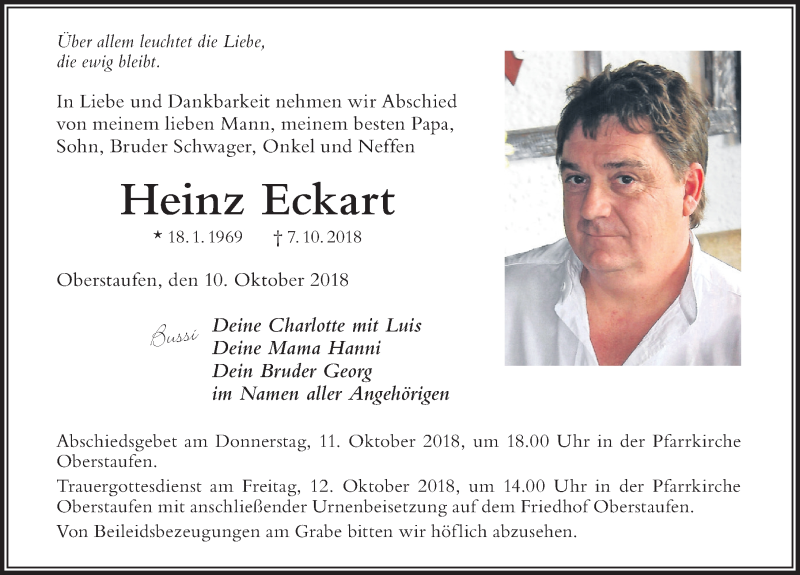  Traueranzeige für Heinz Eckart vom 10.10.2018 aus Der Westallgäuer