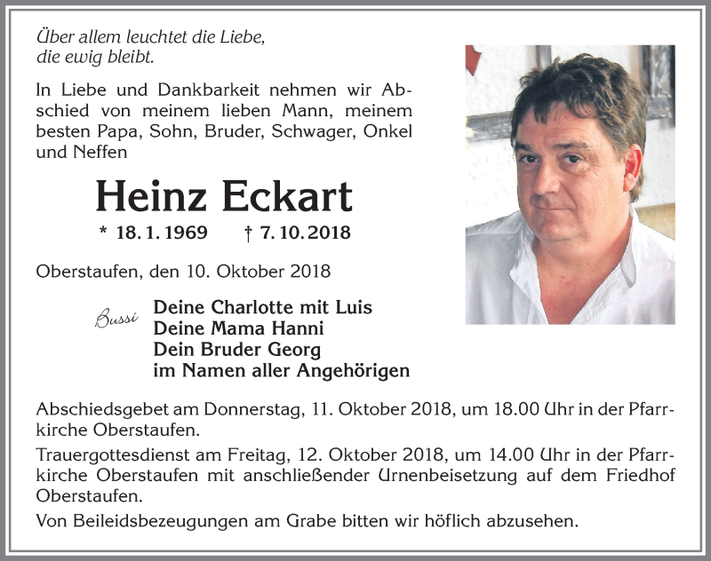  Traueranzeige für Heinz Eckart vom 10.10.2018 aus Allgäuer Anzeigeblatt
