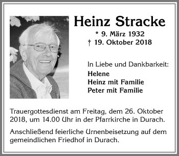Traueranzeige von Heinz Stracke von Allgäuer Zeitung,Kempten