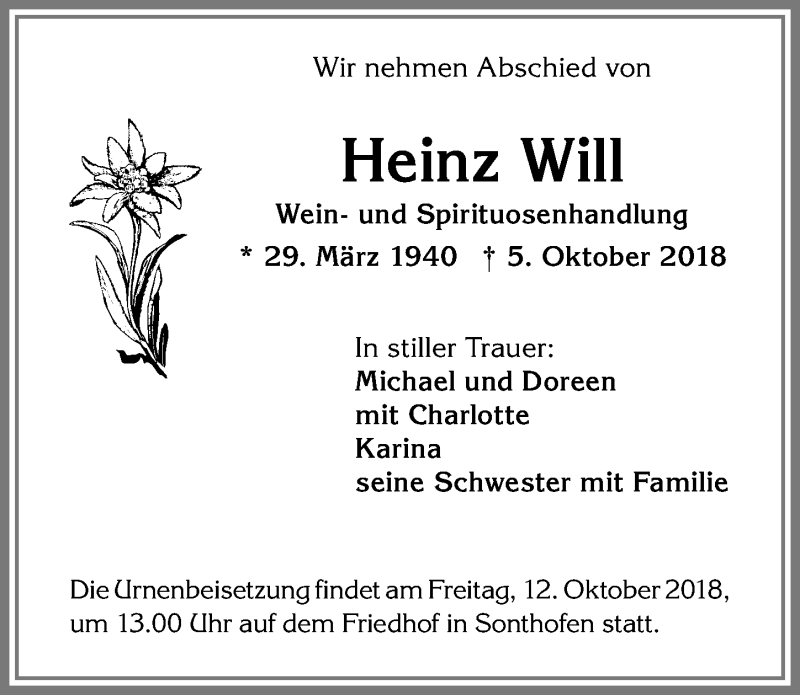  Traueranzeige für Heinz Will vom 10.10.2018 aus Allgäuer Anzeigeblatt