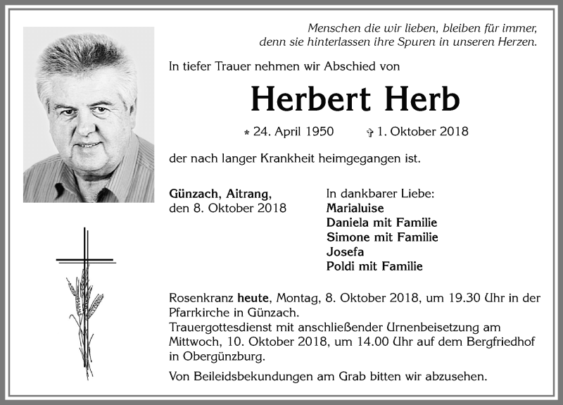  Traueranzeige für Herbert Herb vom 08.10.2018 aus Allgäuer Zeitung, Marktoberdorf
