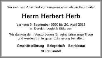 Traueranzeige von Herbert Herb von Allgäuer Zeitung, Marktoberdorf