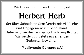 Traueranzeige von Herbert Herb von Allgäuer Zeitung, Marktoberdorf