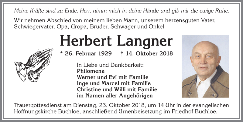  Traueranzeige für Herbert Langner vom 20.10.2018 aus Allgäuer Zeitung, Kaufbeuren/Buchloe