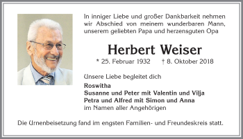 Traueranzeige von Herbert Weiser von Allgäuer Zeitung,Kempten