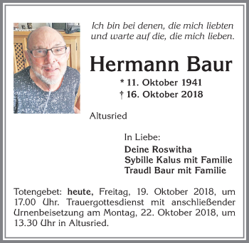 Traueranzeige von Hermann Baur von Allgäuer Zeitung,Kempten