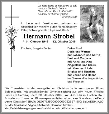 Traueranzeige von Hermann Strobel von Allgäuer Anzeigeblatt