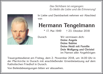 Traueranzeige von Hermann Tengelmann von Allgäuer Zeitung,Kempten