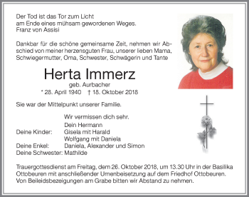 Traueranzeige von Herta Immerz von Memminger Zeitung