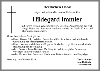 Traueranzeige von Hildegard Immler von Allgäuer Zeitung,Kempten