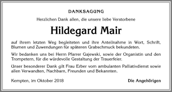 Traueranzeige von Hildegard Mair von Allgäuer Zeitung,Kempten