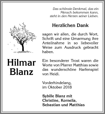 Traueranzeige von Hilmar Blanz von Allgäuer Anzeigeblatt