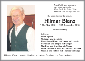 Traueranzeige von Hilmar Blanz von Allgäuer Anzeigeblatt