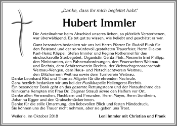 Traueranzeige von Hubert Immler von Allgäuer Zeitung,Kempten